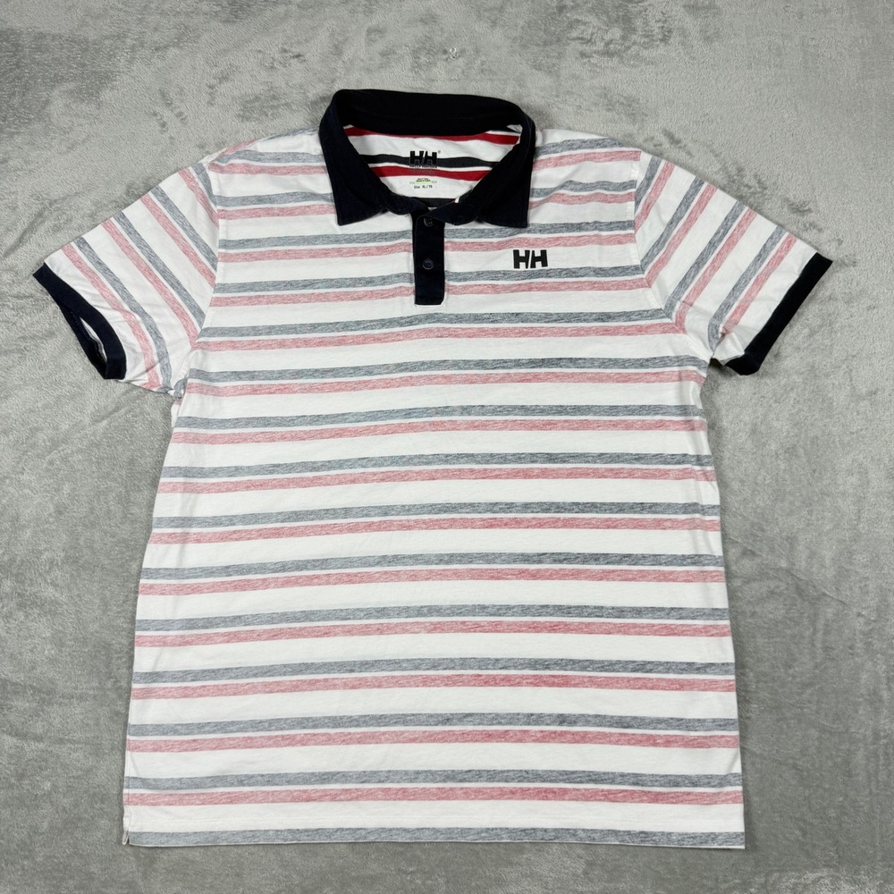 Helly Hansen Mens XL Polo Shirt Striped Short Sleeve White Red Navy